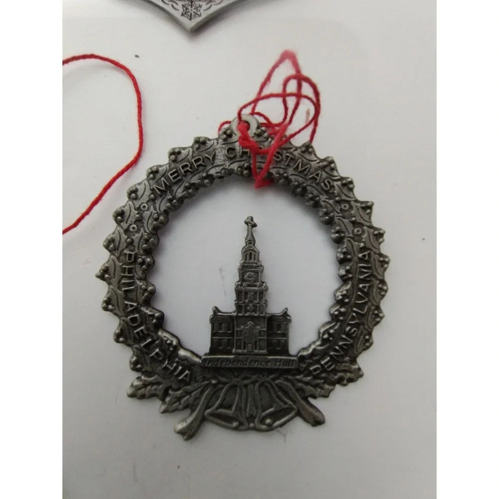 Vintage Philadelphia Pewter Ornament Set of 5 – Liberty Bell Betsy Ross Franklin
